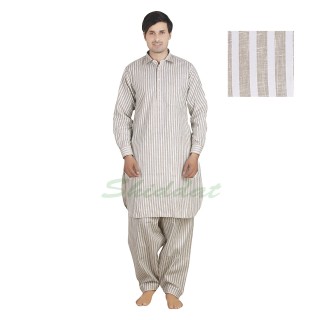 Cotton Pathani suit - White strips on Tea color